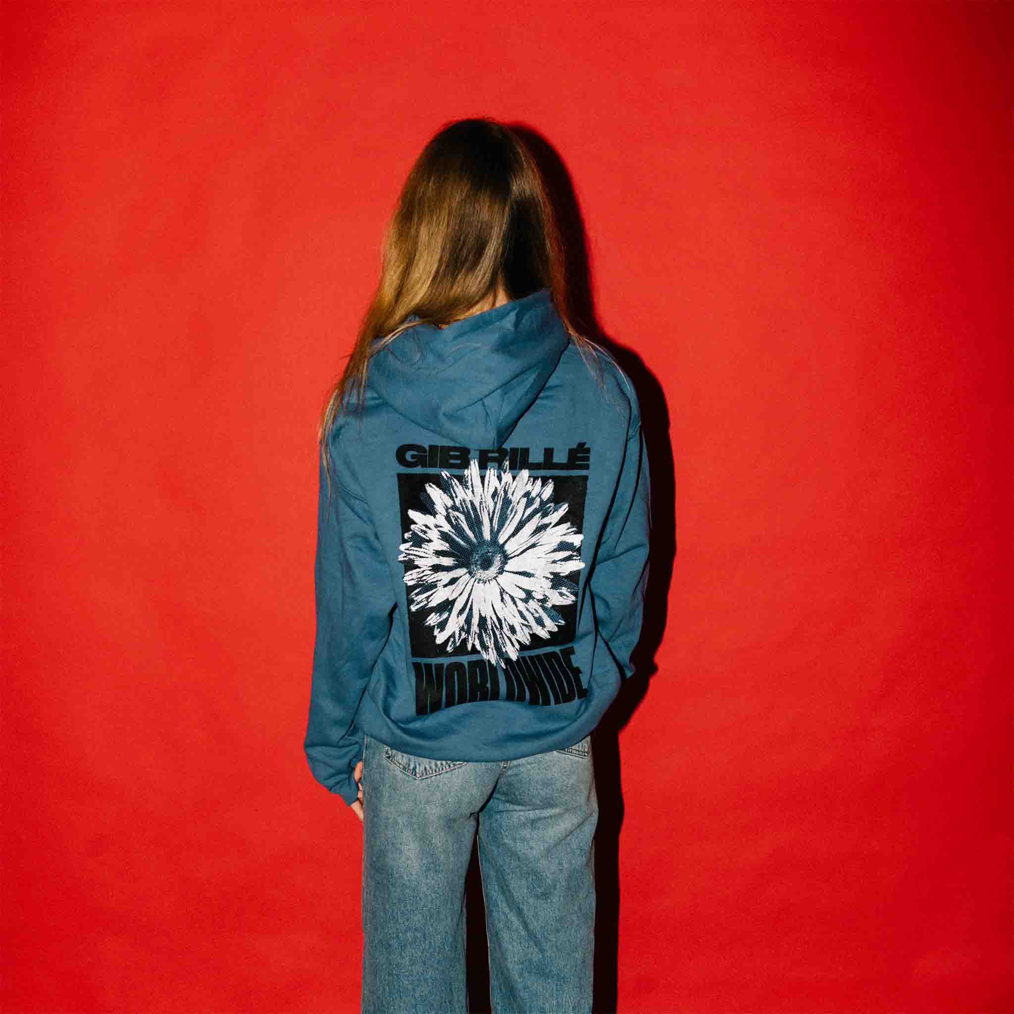 Gib Rillé Reflective Flower Lightweight Hoodie Pullover mit reflektierender Blume mit großem Backprint in idingo blue